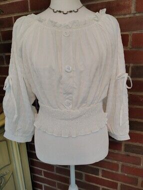 White Smocked Crop Peasant Blouse Off Shoulder Cottagecore Ribbon Ties - Small